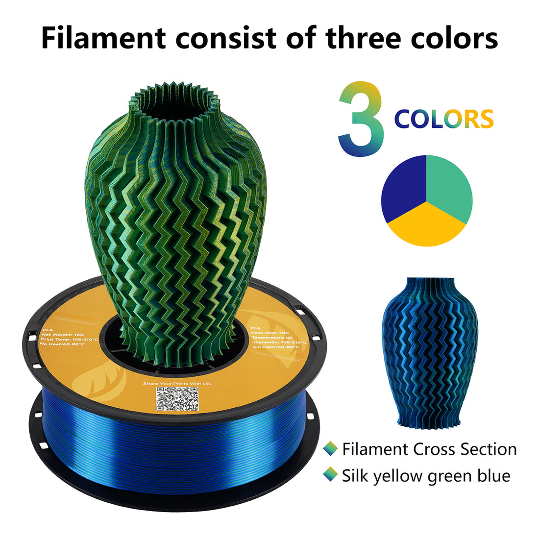 【2KG Pack】Tri-Color Silk PLA Filament - Green / Yellow / Blue-3D Print Material-Kingroon 3D