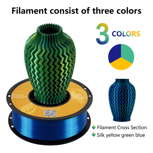 【2KG Pack】Tri-Color Silk PLA Filament - Green / Yellow / Blue