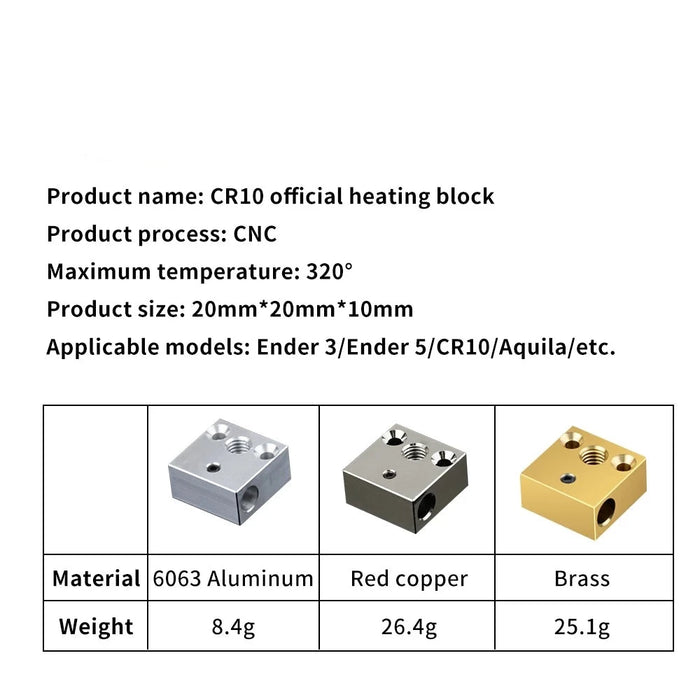 CR10 Heated Block Aluminum Brass Plated Copper Extruder Hotend Bi-Metal Heatbreak Throat for Ender 3 3D Printer