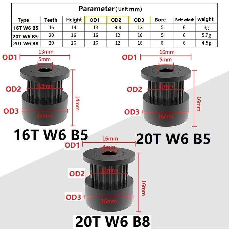 GT2 Timing Pulley 16/20 Tooth Bore 5mm 8mm Width 6mm 7075 Aluminium Gear Teeth Wheel-3D Printer Accessories-Kingroon 3D