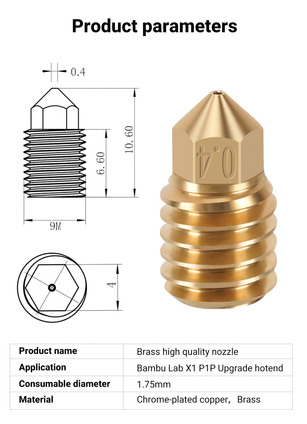 銅烟袋一式 For Creality K1 Volcano Brass Nozzle M6 Thread 0.2/0.4/0.6/0.8mm For 1