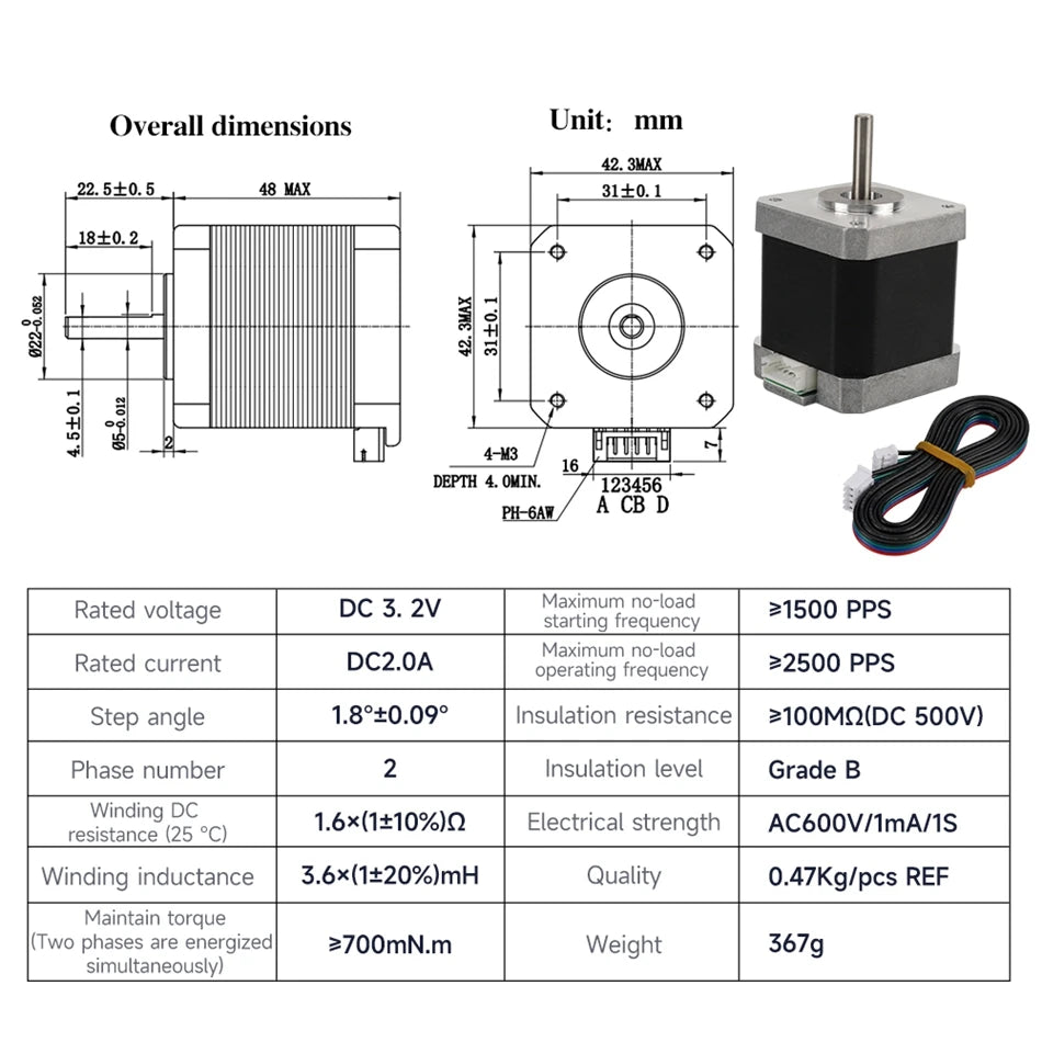 Stepper 42 Motor 48MM 60MM Height Square Motors 17HS8401 17HS8401S With Cable Black Sliver-Kingroon 3D