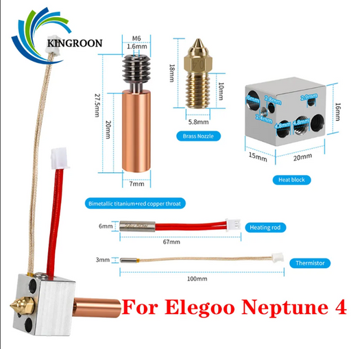 Hotend Kit For Elegoo Neptune 4 Heatbreak/ Heater Block/ Heating Cartridge/ Thermistor For Neptune4 Extruder-3D Printer Accessories-Kingroon 3D