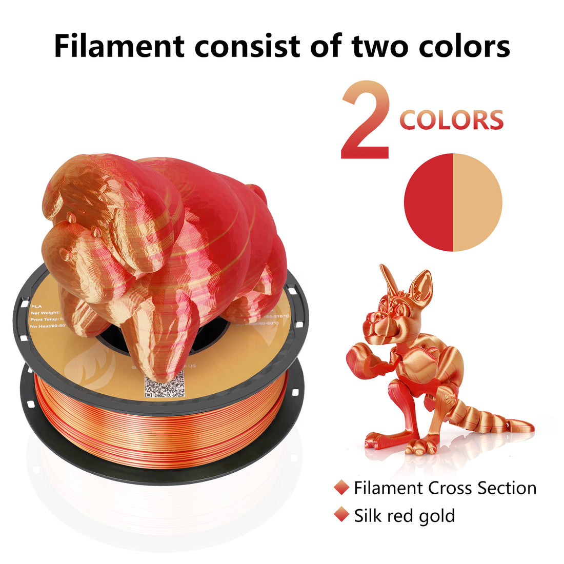 【2KG Pack】Dual Color Silk PLA Filament - Red / Golden-3D Print Material-Kingroon 3D