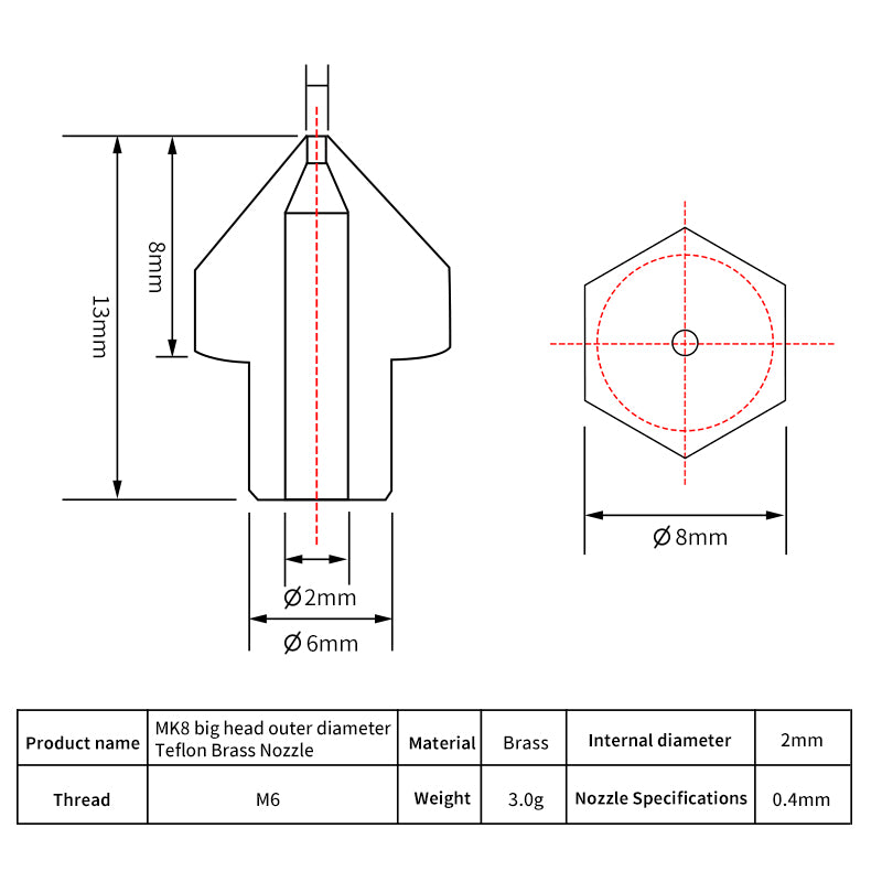 0.4mm Teflon-coated MK8 brass nozzle